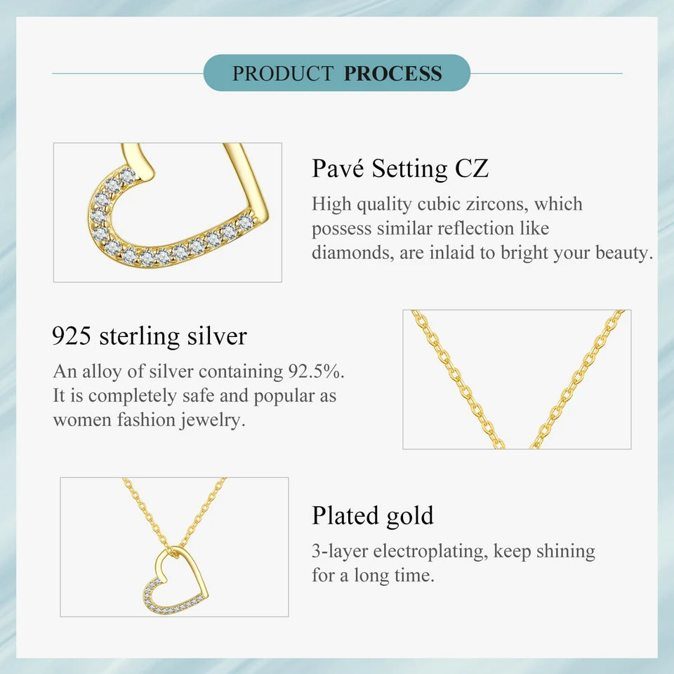 BAMOER Genuine 925 Sterling Silver The shape of love Chain Necklace for Women, Godl Plated Heart Necklace 3 Color 18.11''