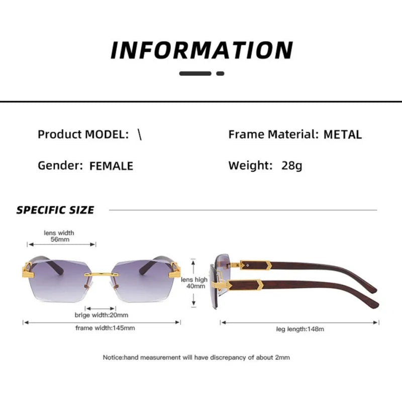 KLASSNUM Men Luxury Rimless Sunglasses Rectangle Anti UV400 Color Lens with Wooden Grain Leg Unisex Women Retro Shades 2024 New