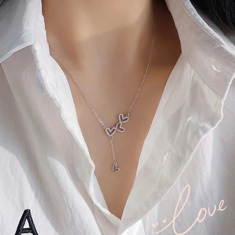 925 Sterling Silver Hollow Heart Necklace Sparkling Diamond Tassel Pendant Women's Clavicle Chain Wedding Jewelry Accessories