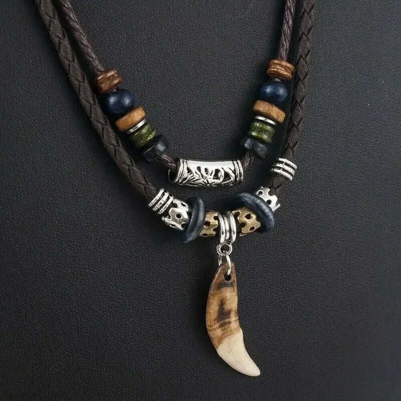 Fashion Men Women's Goth Multi-layer Vintage Wolf Tooth Pendant Leather Beaded Weaved Prayer Necklace Fashion Jewelry Necklaces