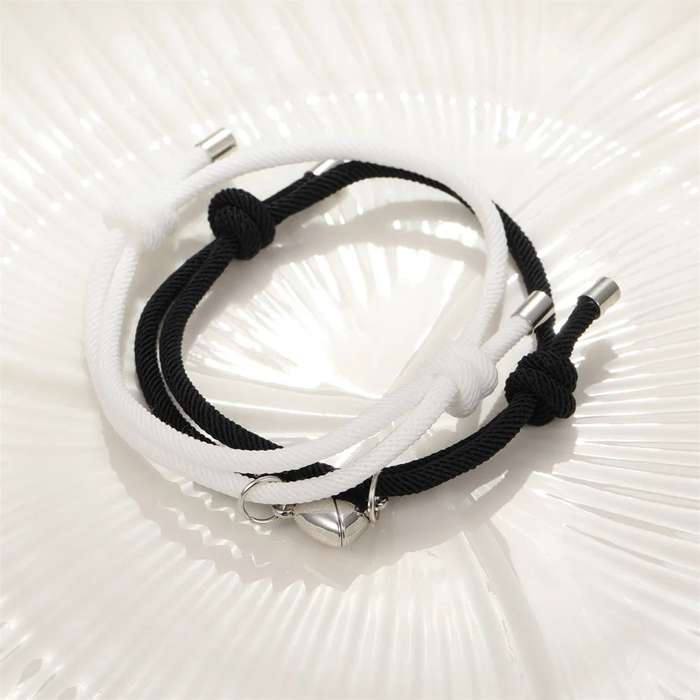 2pcs/Set Rope Braided Bracelet Trendy Alloy Magnet Attachment Couple Bracelet Simple Love Heart Black And White Bracelet Jewelry