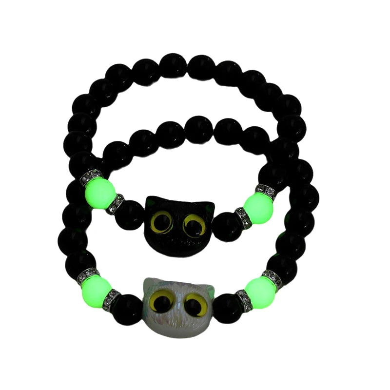 Cute Big Eye Cat Luminous Bracelets For Women Cartoon Animal Pendant Beaded Hand Chain Friendship Couple Bracelet Jewelry Gift