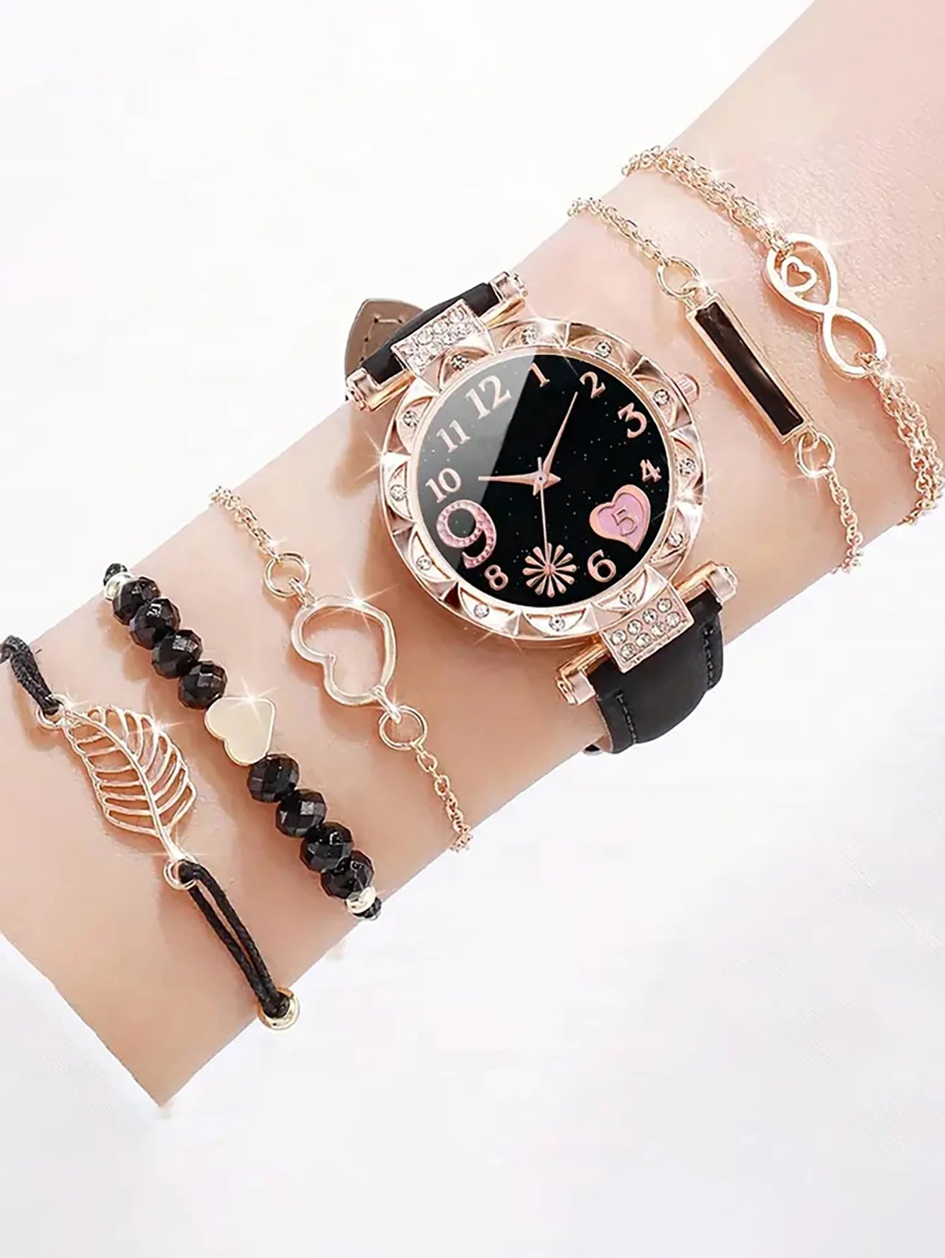 6PCS Women's Fashion Quartz Watch Luxury Pink Leather Band Analog WristWatch Ladies Watch Women Dress Bracelet Set  Clock