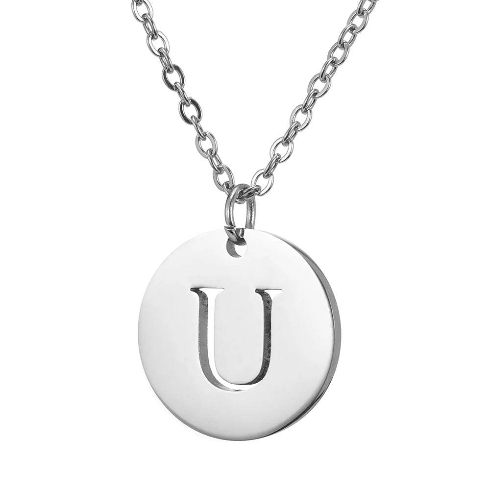 Amaxer Stainless Steel Necklace Fashion Gold Color Initial Charms Metal Round A To Z Letters For Women Single Name Jewelry Gifts