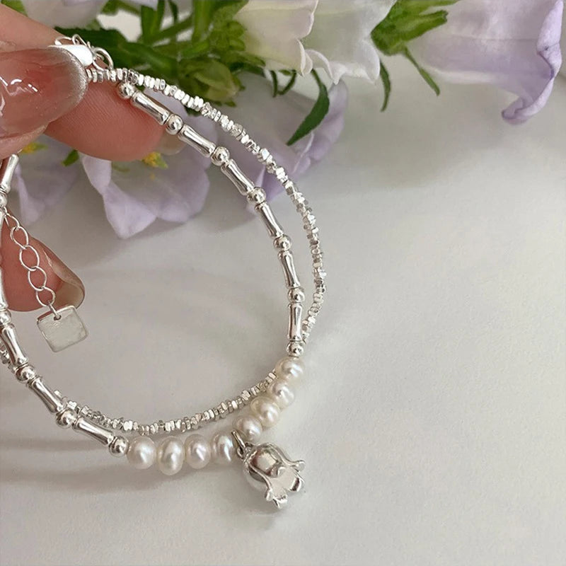 VENTFILLE 925 Sterling Silver Pearls Bamboo Knots Bracelet for Women Girl Simple Korean Jewelry Birthday Gift Dropshipping