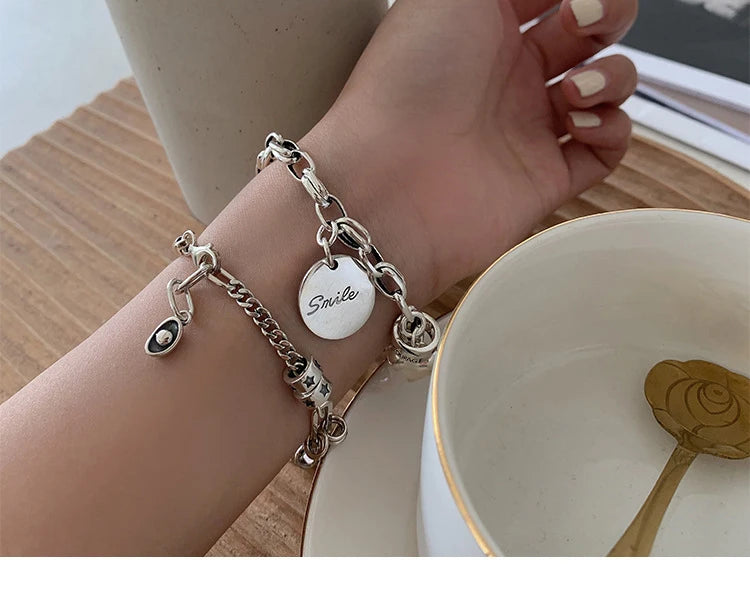 VENTFILLE 925 Sterling Silver Thai Silver Bracelet for Women Vintage Geometric Heart Love Lucky Punk Jewelry 2023 New Dropship