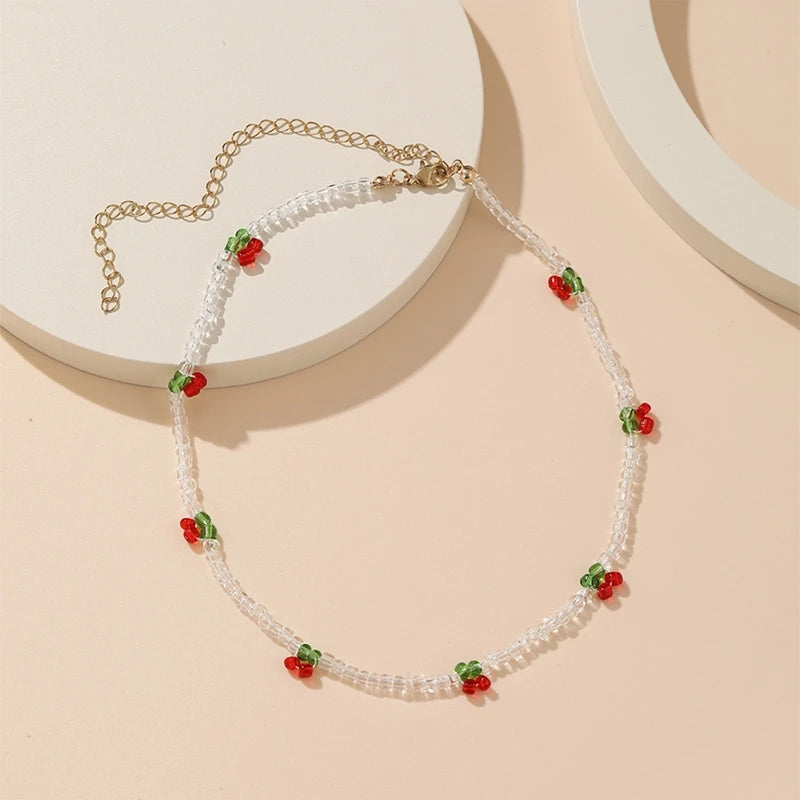 Bohemia Beaded Red Cherry Necklace for Women Cute Handmade Fruits Seed Bead Transparent Chokers Necklaces Boho Jewelry