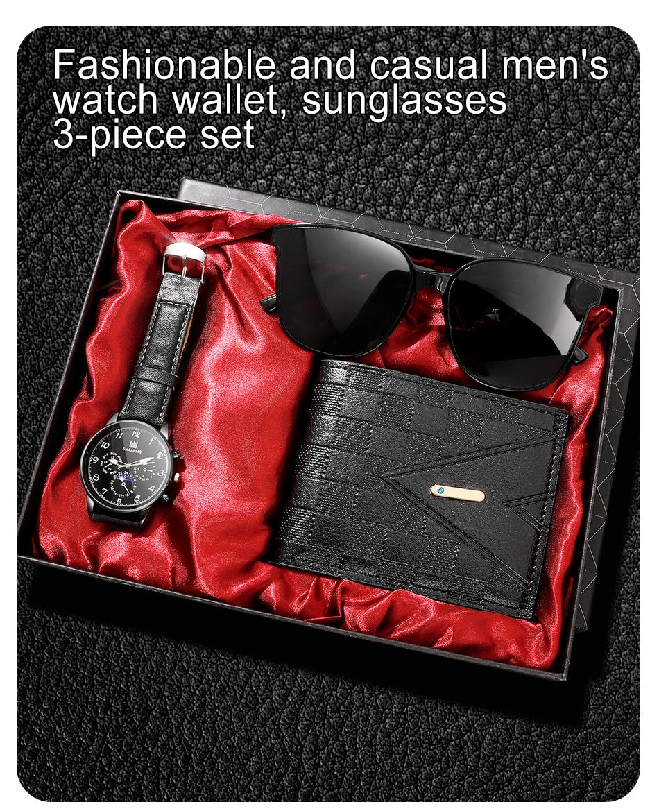 Fashion Mens Watches Wallet Glasses For Men Retro Black Bussiness Quartz Watch Male Casual Watch Relogio Masculino