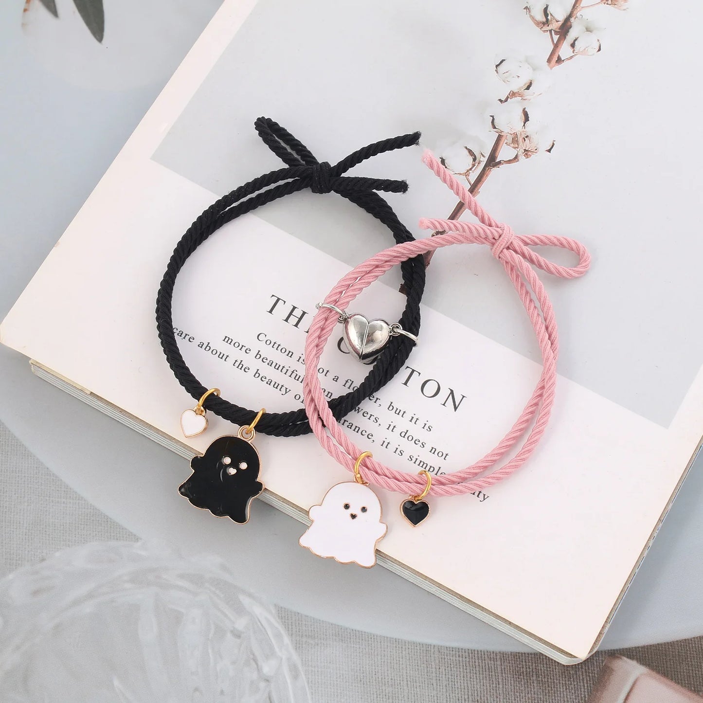 2Pcs Creative Heart Magnetic Matching Couple Bracelets for Women Men Cute Cartoon Ghost Pendant Bracelet BFF Friendship Jewelry