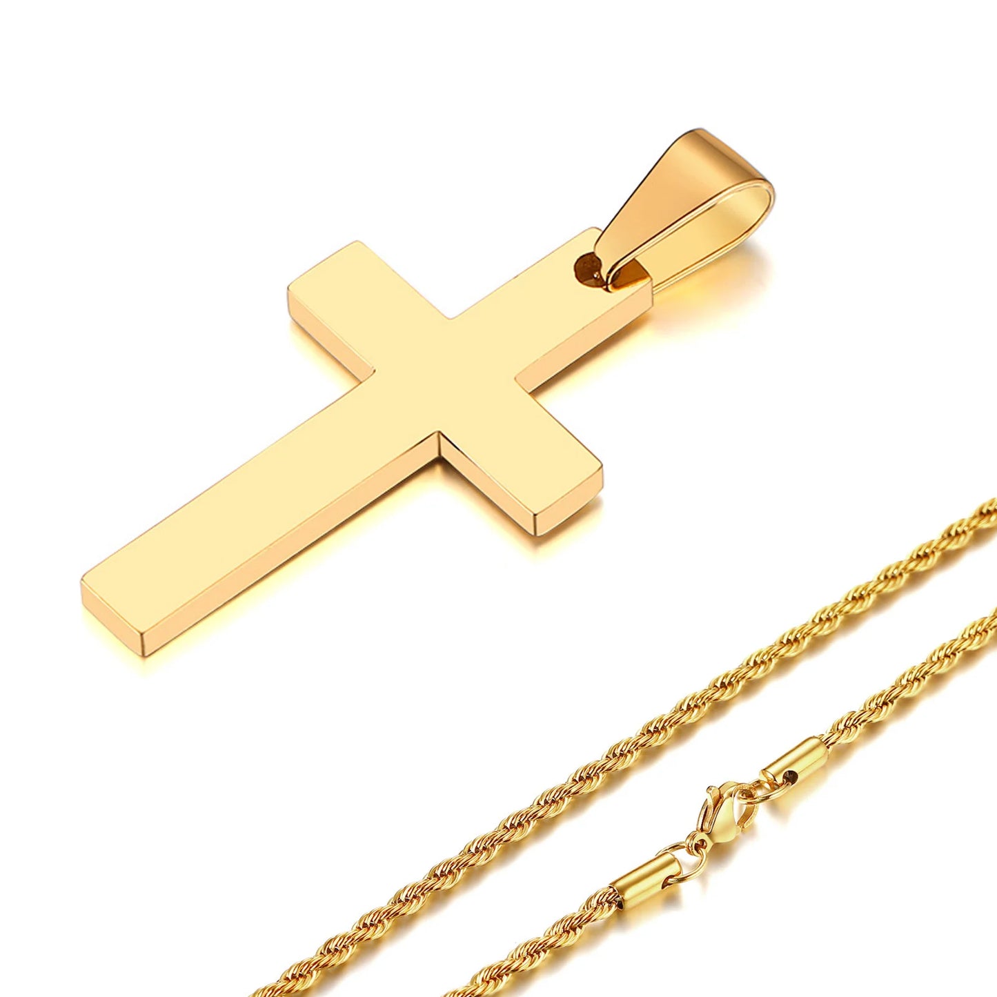 Waterproof Cross Necklaces for Men Male Gifts Jewelry, Anti Allergy Stainless Steel Plain Cross Pendant with Rope Chain