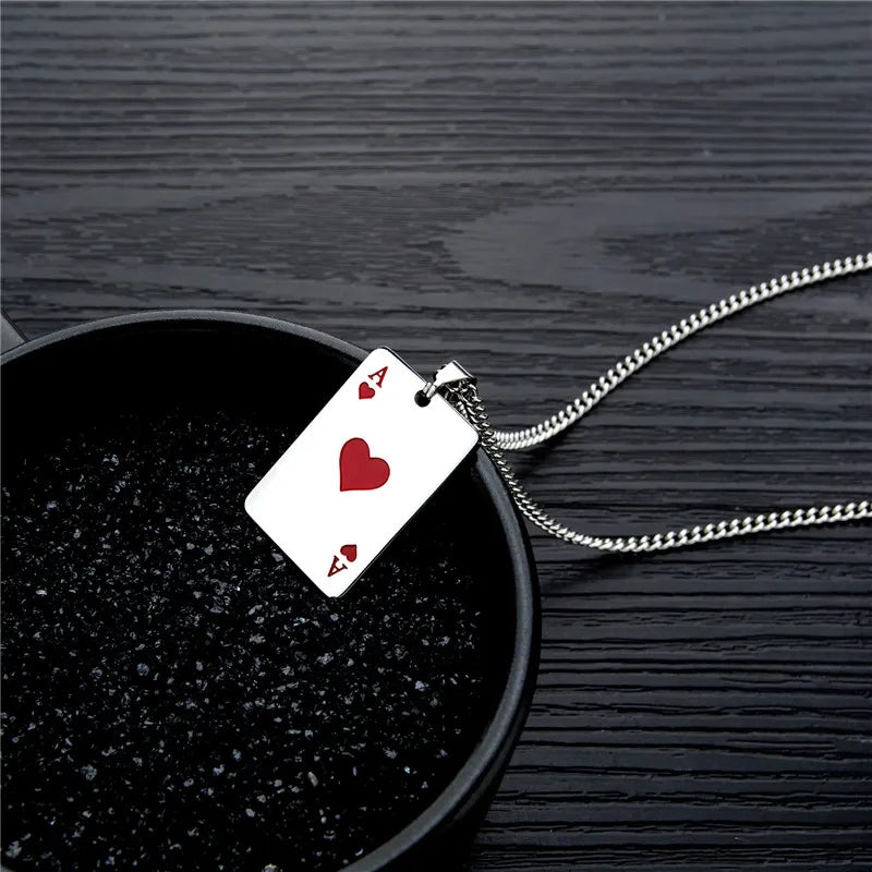 Men Statement Poker Lucky Ace of Spades Pendant Necklace Red Black Silver Color Jewelry Fortune Playing Cards Wholesale