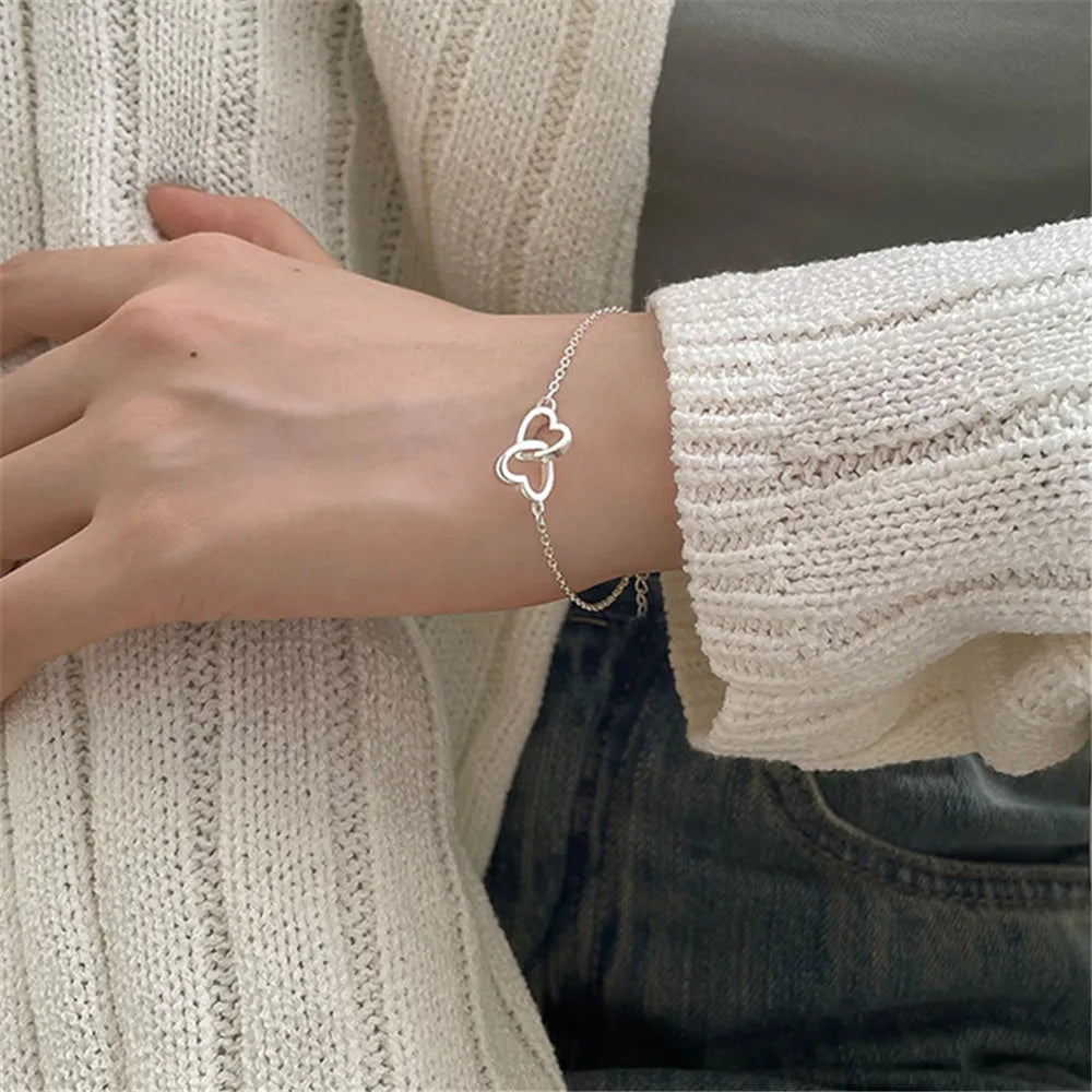 New Silver Color Double Interlocking Small Hearts Bracelet Bangle For Women Fine Fashion Jewelry Wedding Party Gift