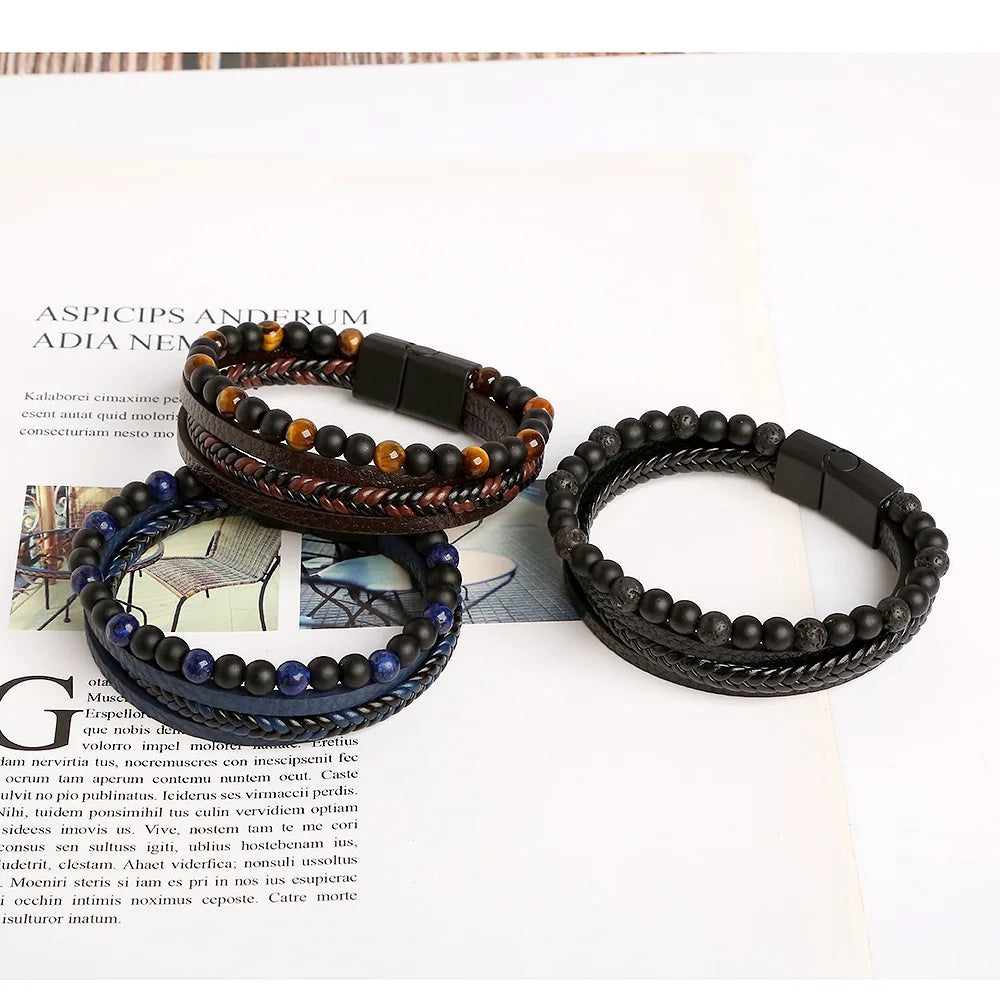 Vintage Multi-Layer Leather Bracelet Men Punk Cross Charm Tiger Eye Stone Beads Bracelet Fashion Braided Wrap Wristbands Jewelry