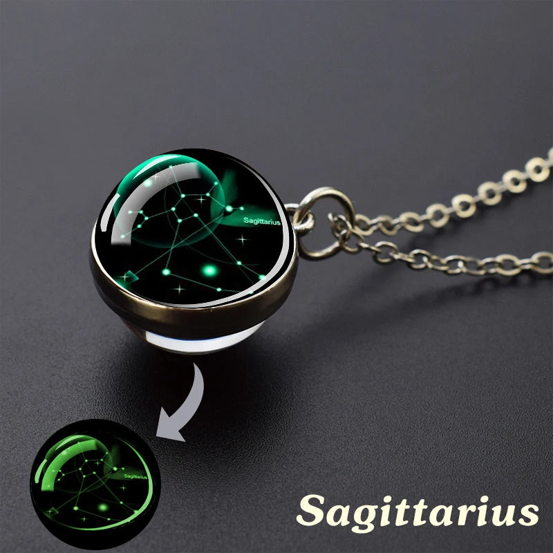 12 Constellation Necklace Starry Sky Luminous Zodiac Glass Ball Pendant Necklace Christmas Gift for Men Women