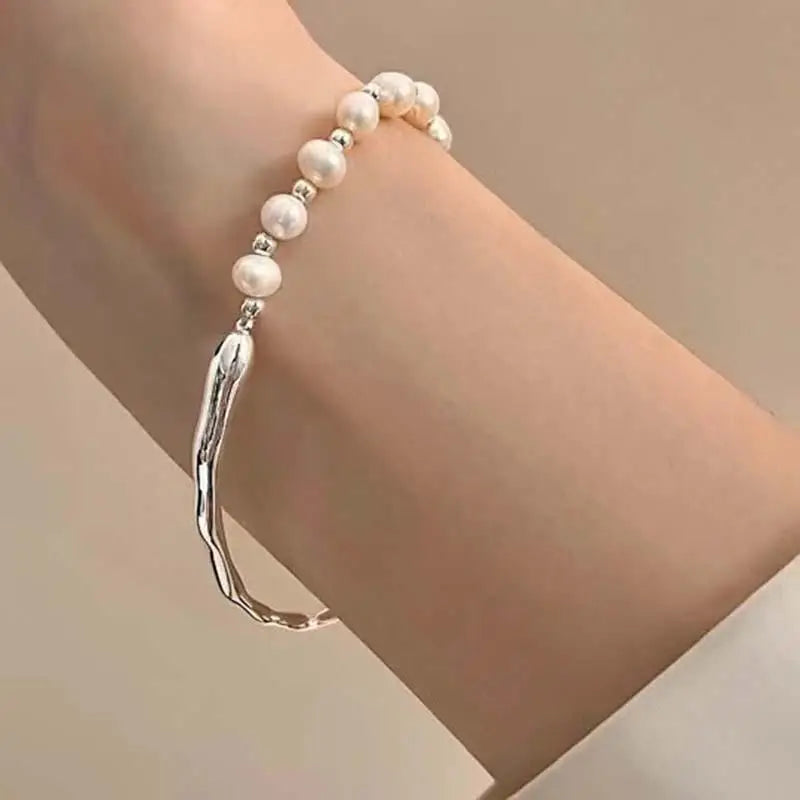 Silver Color Chain Splicing Pearl Bracelet for Women Simple Korean Irregular Imitation Pearl Bracelet Jewelry Birthday Gift