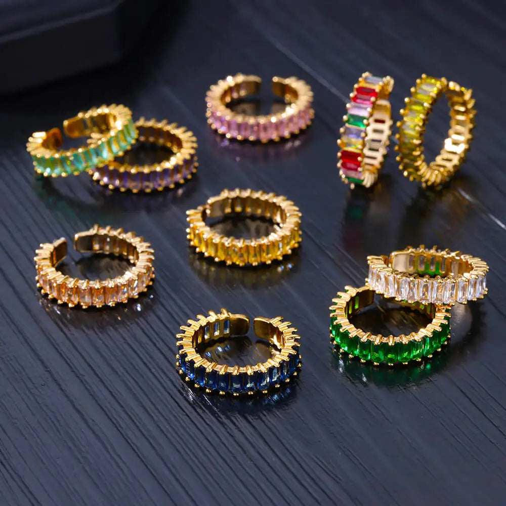 Gold Color Cubic Zircon Rings For Women Open Stainless Steel Green Luxury Crystal Finger Ring Boho Jewelry Wedding Party Gift