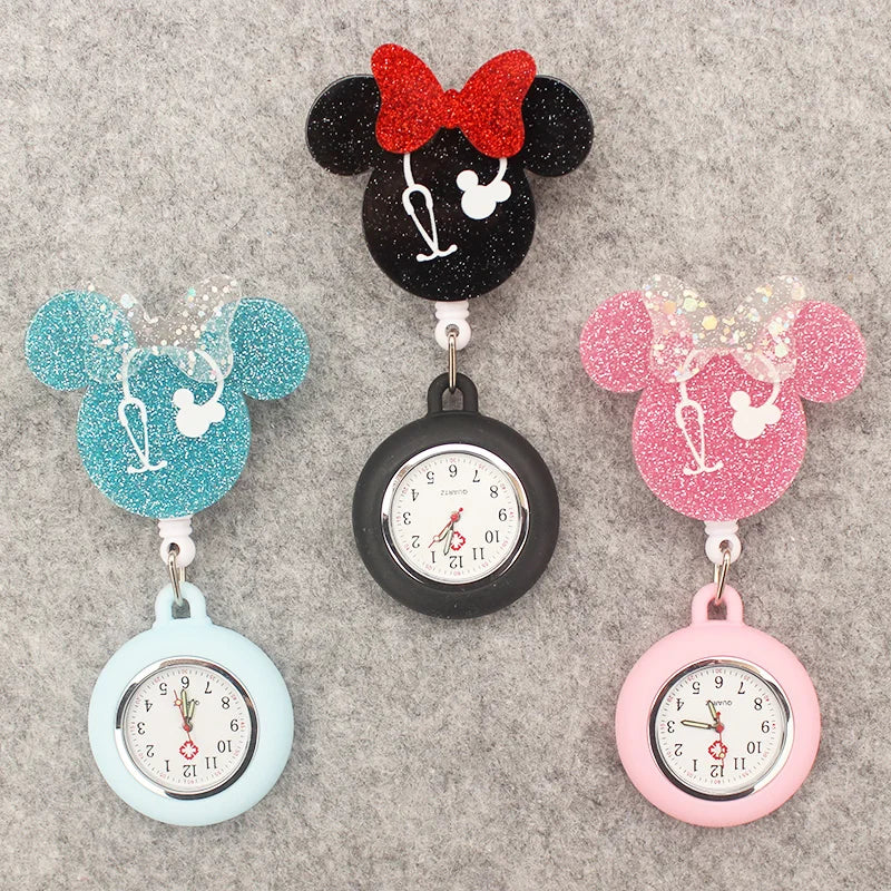 Cartoon Cute Girl Doctor Nurse Style Cute Bow Mouse Pocket Watch Retractable And With Clip For Men And Women