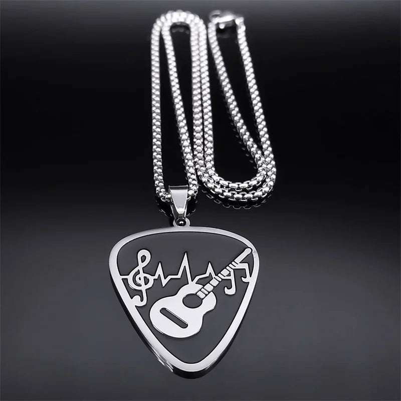 Rock Music Note Guitar Pick Necklace for Women Men Silver Color Stainless Steel Musical Symbol Chain Necklaces colares N7957S06