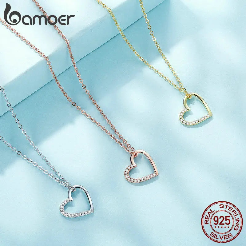 BAMOER Genuine 925 Sterling Silver The shape of love Chain Necklace for Women, Godl Plated Heart Necklace 3 Color 18.11''