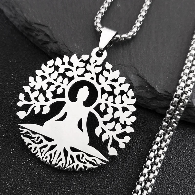 Buddhism Meditation Buddha Yoga Pendant Necklace Stainless Steel Tree of Life Buddhist Chakras Reiki Chain  Jewelry collar