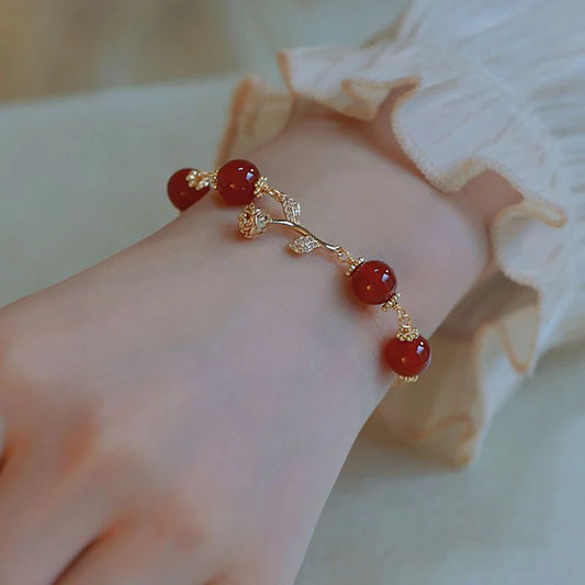 Korean Style Light Luxury Rose Charm Bracelets Fashion Chain Romantic Red Beads Rhinestone Bangle For Women Wedding Jewelry Gift