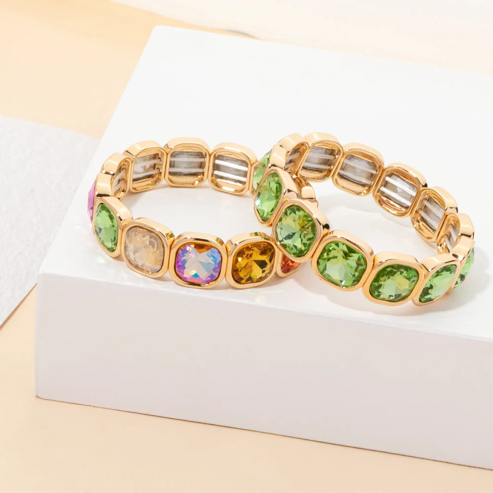 2024 Gold Color Crystal Bangle Handmade Square Shape Rhinestones Boho Women Tennis Bracelet Elastic Bohemian Zircon Jewelry