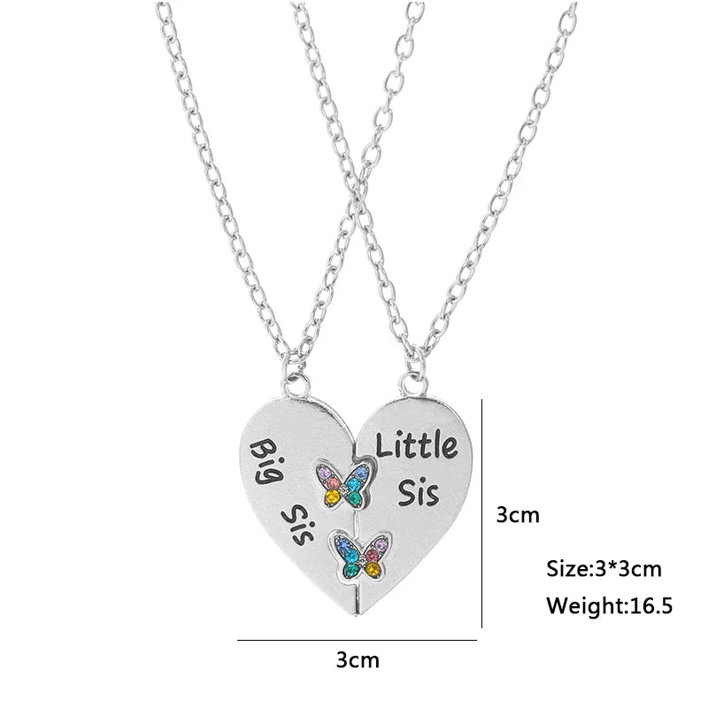 2 PCS Sister Necklace Big Sis Little Heart Stitching Pendant For Women Girl Butterfly Friendship Necklace Jewelry Banquet Gift