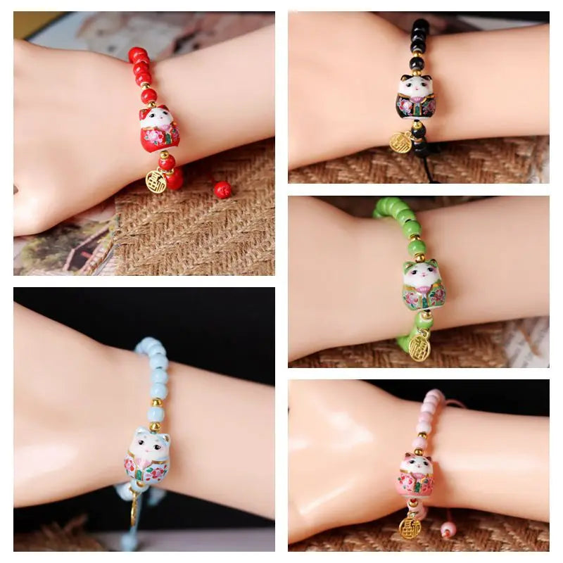 Cute Lucky Cat Bracelet For Girls Adjustable Colorful Beaded Bracelets Harajuku Ceramics Cat Pendant Charm Bracelets Jewelry