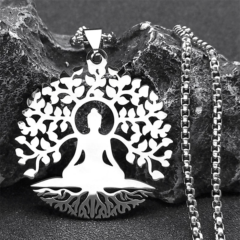 Buddhism Meditation Buddha Yoga Pendant Necklace Stainless Steel Tree of Life Buddhist Chakras Reiki Chain  Jewelry collar