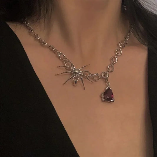 1Pcs Punk Spider Crystal Pendant Necklace Goth Chain Choker For Women Halloween Party Jewelry Gift