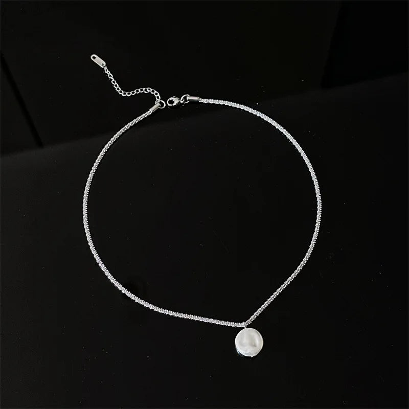 Baroque Button Pearl Pendant Necklace for Women Fashion Silver Color Stainless Steel No Fade Sparkling Clavicle Chain Jewelry