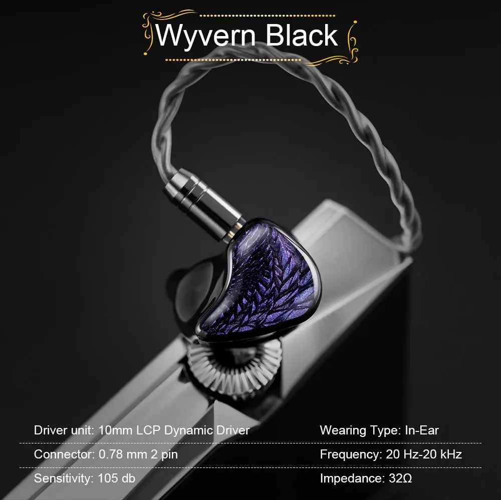 Kinera Celest Wyvern Black Dragon In-Ear HiFi Earphones 10mm LCP Dynamic Driver Music Earbuds with Detachable 2-pin 3.5mm Cable