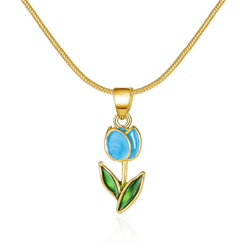 Vintage Elegant Enamel Tulip Flower Pendant Necklace For Women Fashion Young Girls Personality Accessories Clavicle Chain Choker