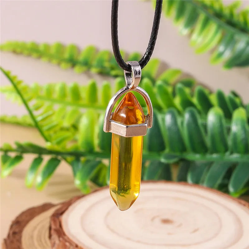 Natural Stone Quartz Lapis Opal Amethyst Pink Crystal Stone Hexagonal Column Pendant Necklaces Leather Chain Bullet Necklace