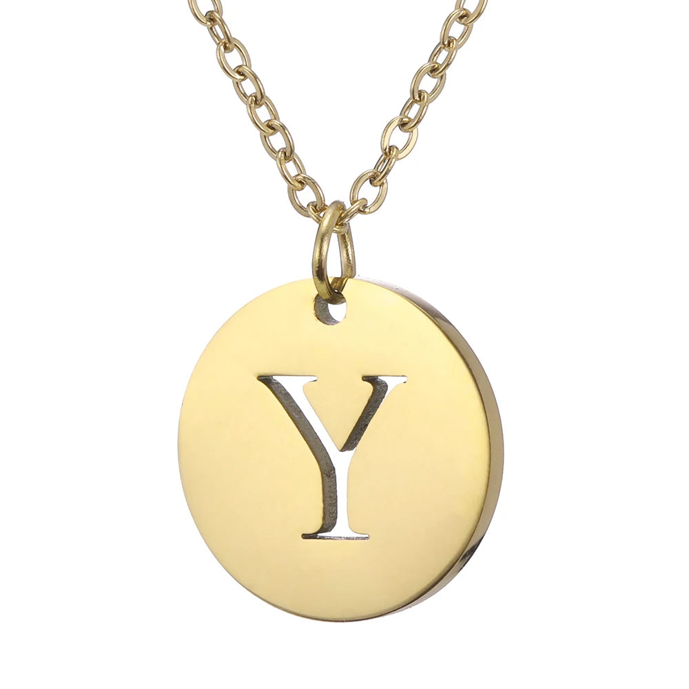 Amaxer Stainless Steel Necklace Fashion Gold Color Initial Charms Metal Round A To Z Letters For Women Single Name Jewelry Gifts