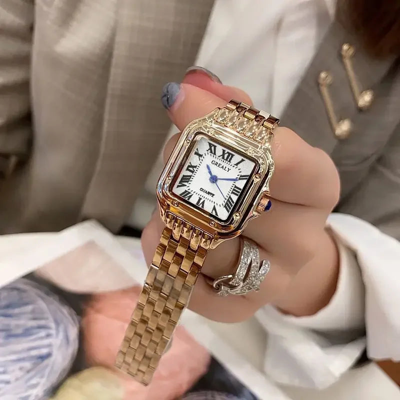 New Women's Fashion Square Watches Gold Alloy Strap Luxury Ladies Quartz Wristwatches Qualities Female Roman Scale Clock Gift