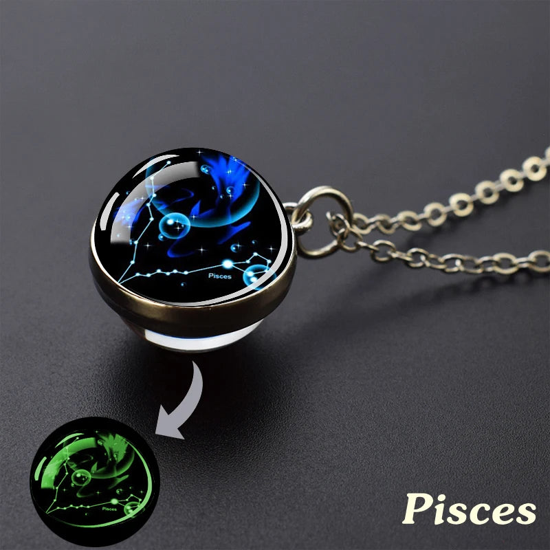 12 Constellation Necklace Starry Sky Luminous Zodiac Glass Ball Pendant Necklace Christmas Gift for Men Women