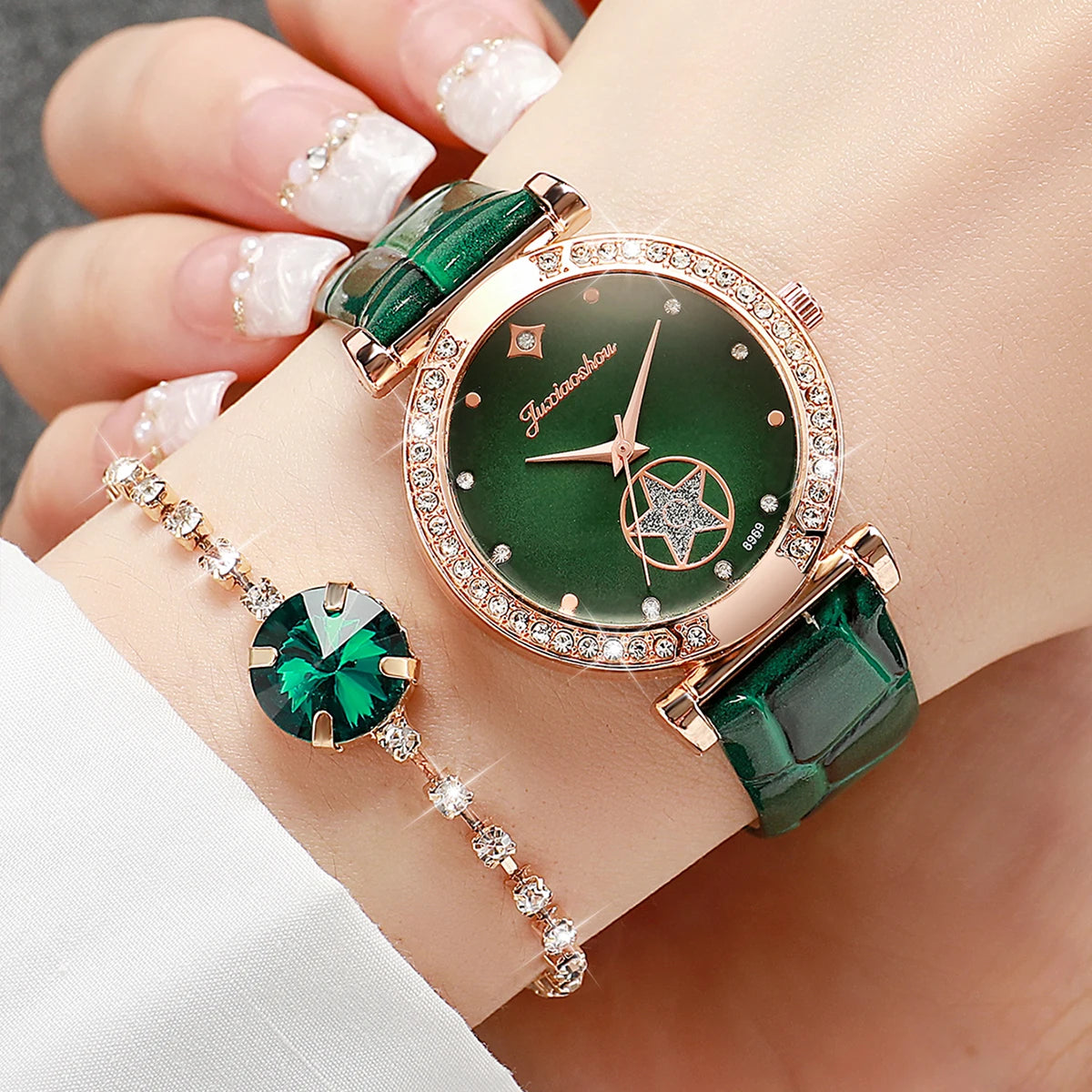 6PCS/Set Fashion Rhinestone Green Women's Watch Leather Band Analog Quartz Watches Jewelry Set（Without Box）