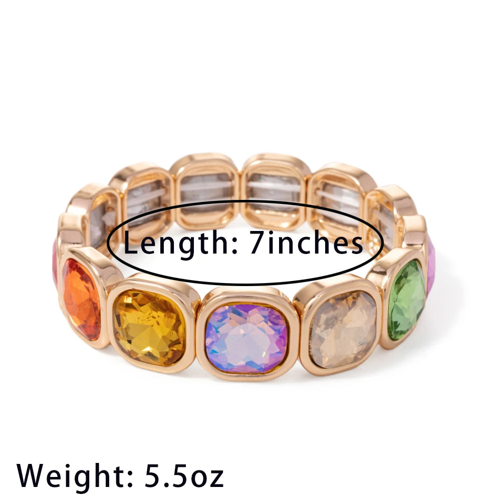 2024 Gold Color Crystal Bangle Handmade Square Shape Rhinestones Boho Women Tennis Bracelet Elastic Bohemian Zircon Jewelry