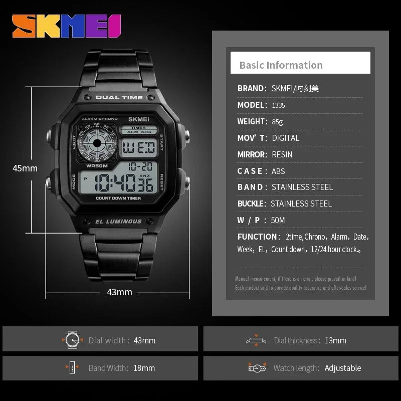 Skmei 1335 Stainless Steel Strap Digital Watch Reloj Hombre Sport Watch Men 5Bar Waterproof Watches