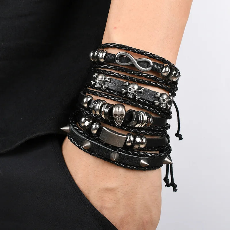 1 Fashion Bracelet Viking  Bracelet For Men Hand Bracelets Woven Skull Hand Jewelry Adjustable Leather Set Bracelet For Leather