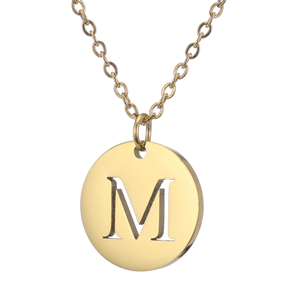 Amaxer Stainless Steel Necklace Fashion Gold Color Initial Charms Metal Round A To Z Letters For Women Single Name Jewelry Gifts