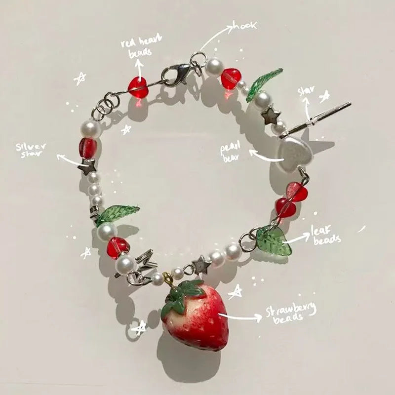 1 Pc Exquisite Strawberry Cute Fashion Color Alloy Beaded Bracelet Set Women Party Favors