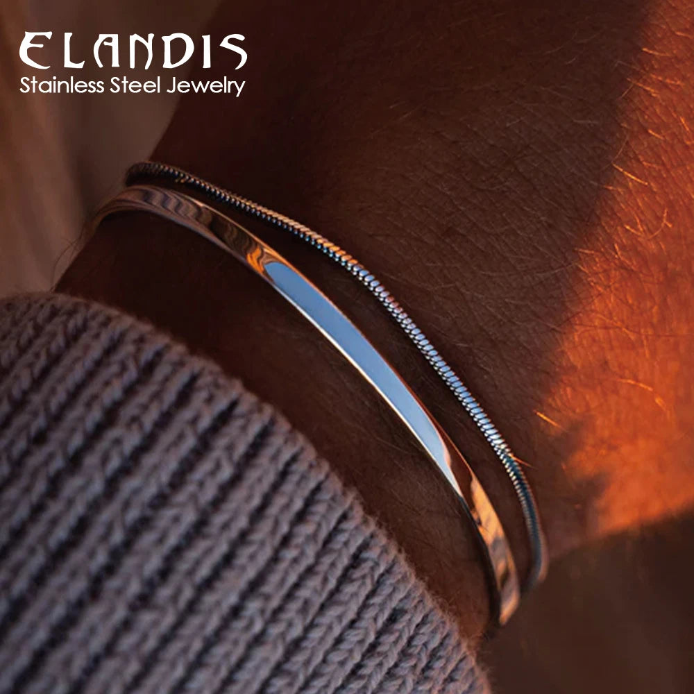 ELANDIS Europe And The United States Double Stacking Square Bracelet Men's Simple Unisex Paragraph Cuff Stainless Steel Accessor