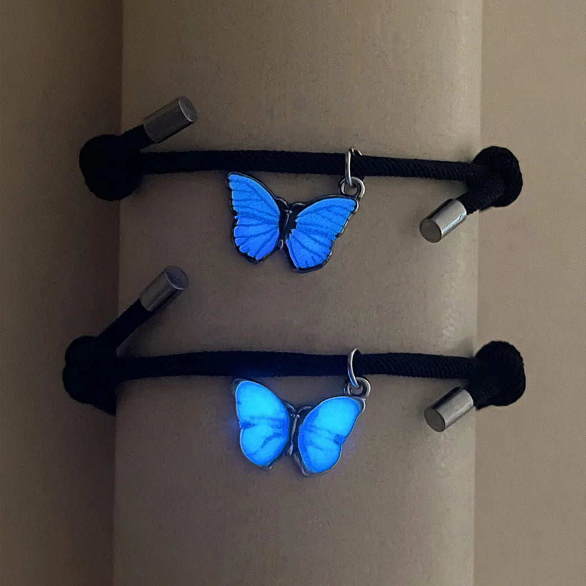 2 PCS/Set Butterfly Couples Pendant Luminous Bracelet For Women Lover Black Rope Charm Friendship Girlfriend Party Jewelry Gift