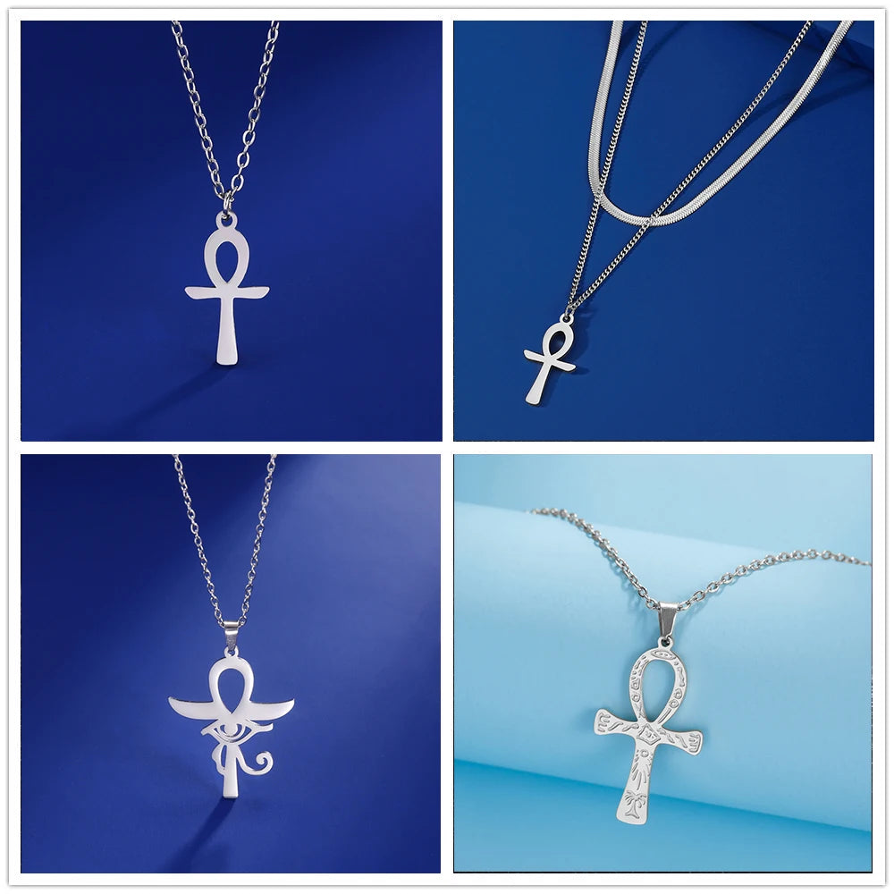 Lucktune Ankh Cross Egyptian Amulet Necklace Stainless Steel Key of Life Symbol Crucifix Pendant Necklace Women Religion Jewelry