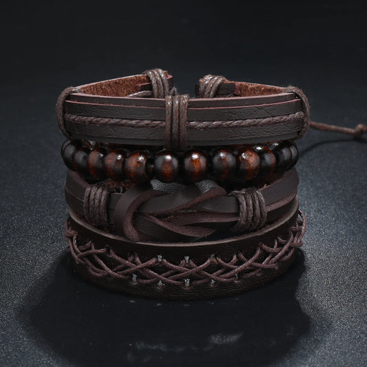 Vintage Leather Bracelet Men Multiple Woven Bracelets with Brown Wood Beads As Decorative Accessories Drawstring Bracelet