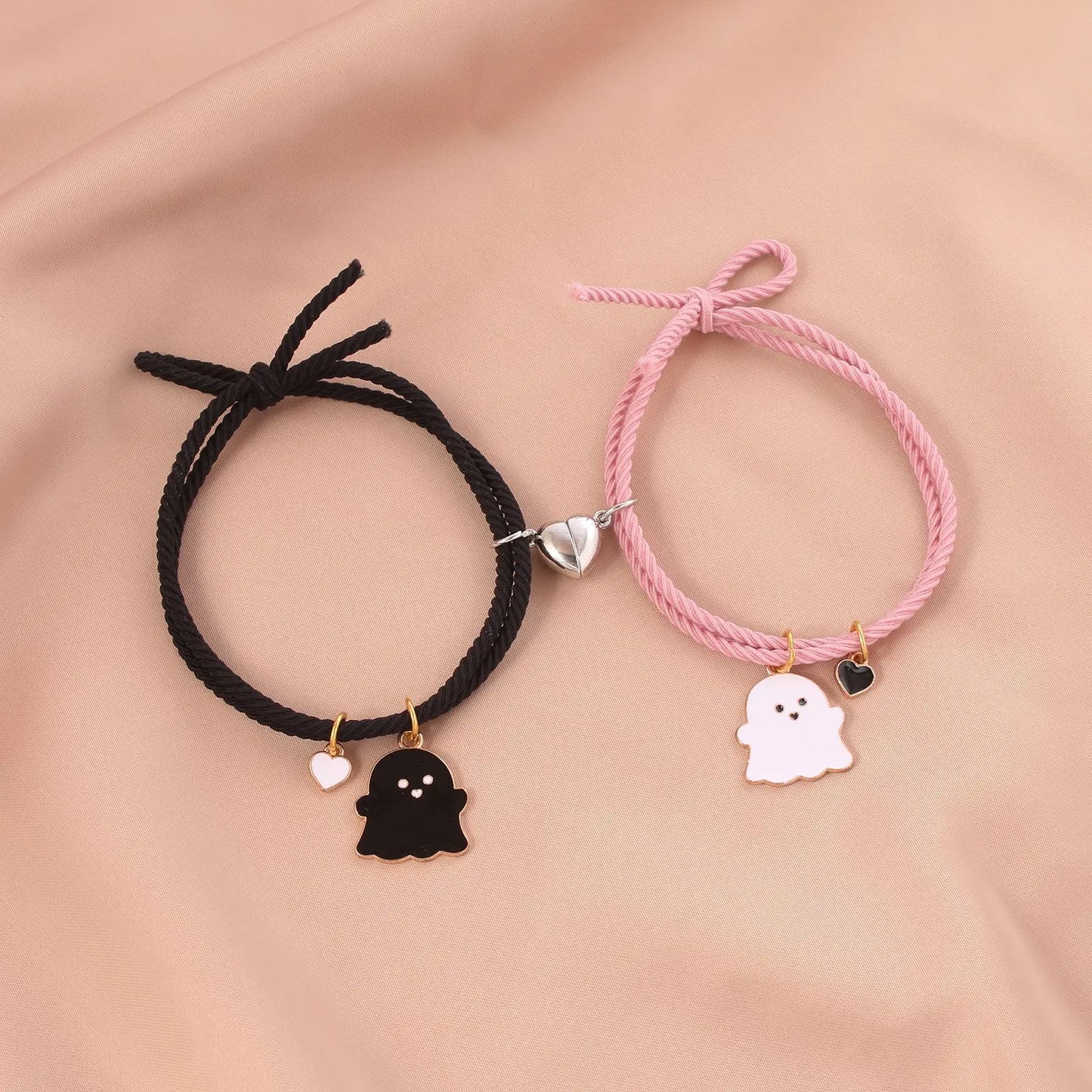 2Pcs Creative Heart Magnetic Matching Couple Bracelets for Women Men Cute Cartoon Ghost Pendant Bracelet BFF Friendship Jewelry