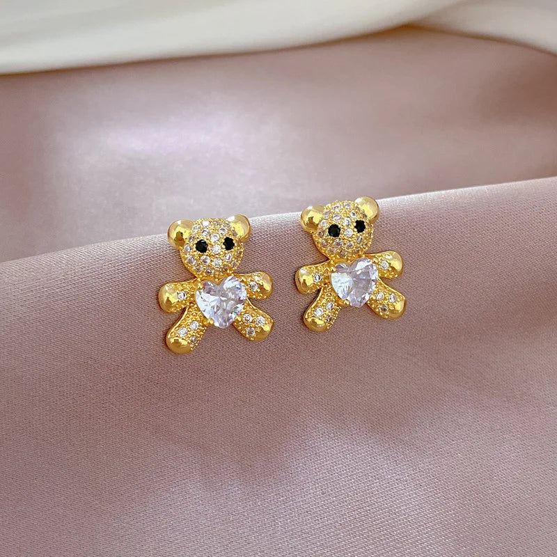 Cute Fashionable Bear Micropaved Rhinestone Pendant Necklace Earrings Set Women's Jewelry Perfect Birthday Gift for Girls Women