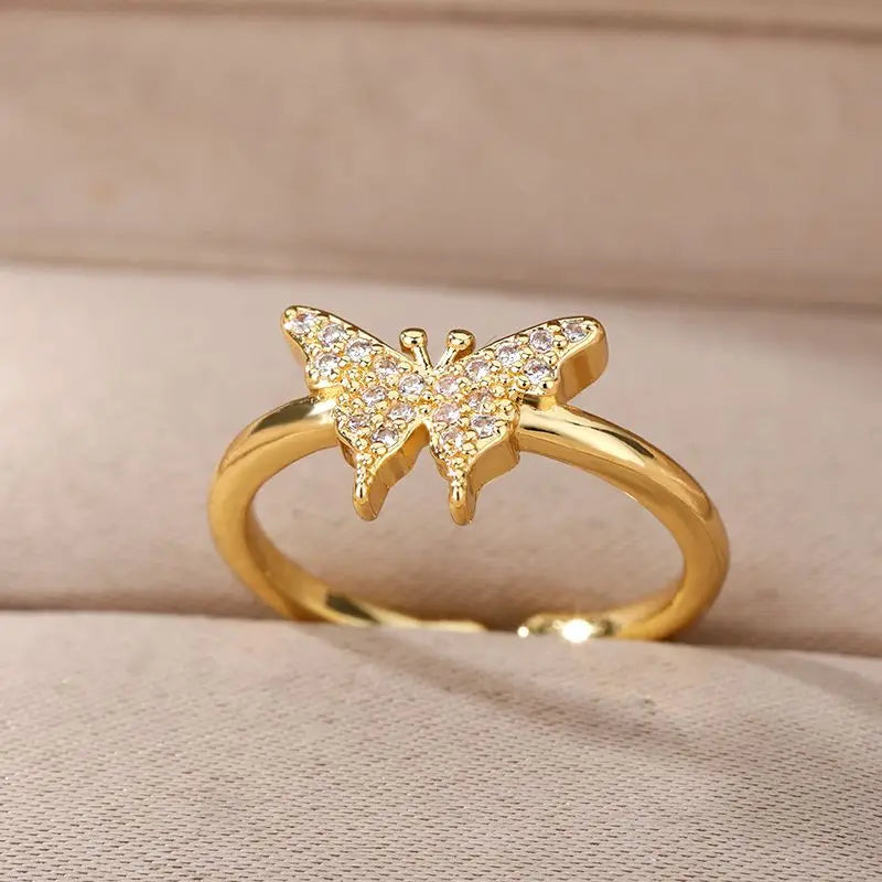 Bee Butterfly Ring For Women Open Adjustable Stainless Steel Cubic Zirconia Moon Heart Finger Ring Elegant Birthday Jewelry 2022